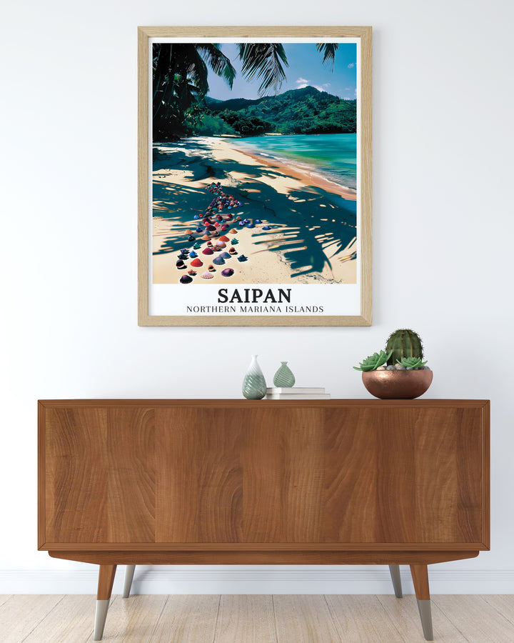 Saipan canvas art displaying the colorful scenery and peaceful pathways along Micro Beach near Garapan. Enhance your wall decor with these exquisite travel canvas prints from the Mariana Islands. Perfect for adding a touch of natural beauty to any room, these art pieces showcase the vibrant landscapes and serene waters of Saipan.