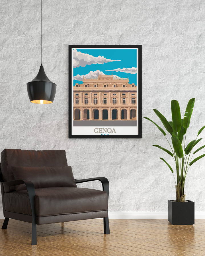 Highlighting the grandeur of the Palazzo Ducale, this art print of Genoa brings a piece of Italy into your home. Whether youre a fan of European architecture or travel, this elegant piece makes a perfect gift or addition to any decor.