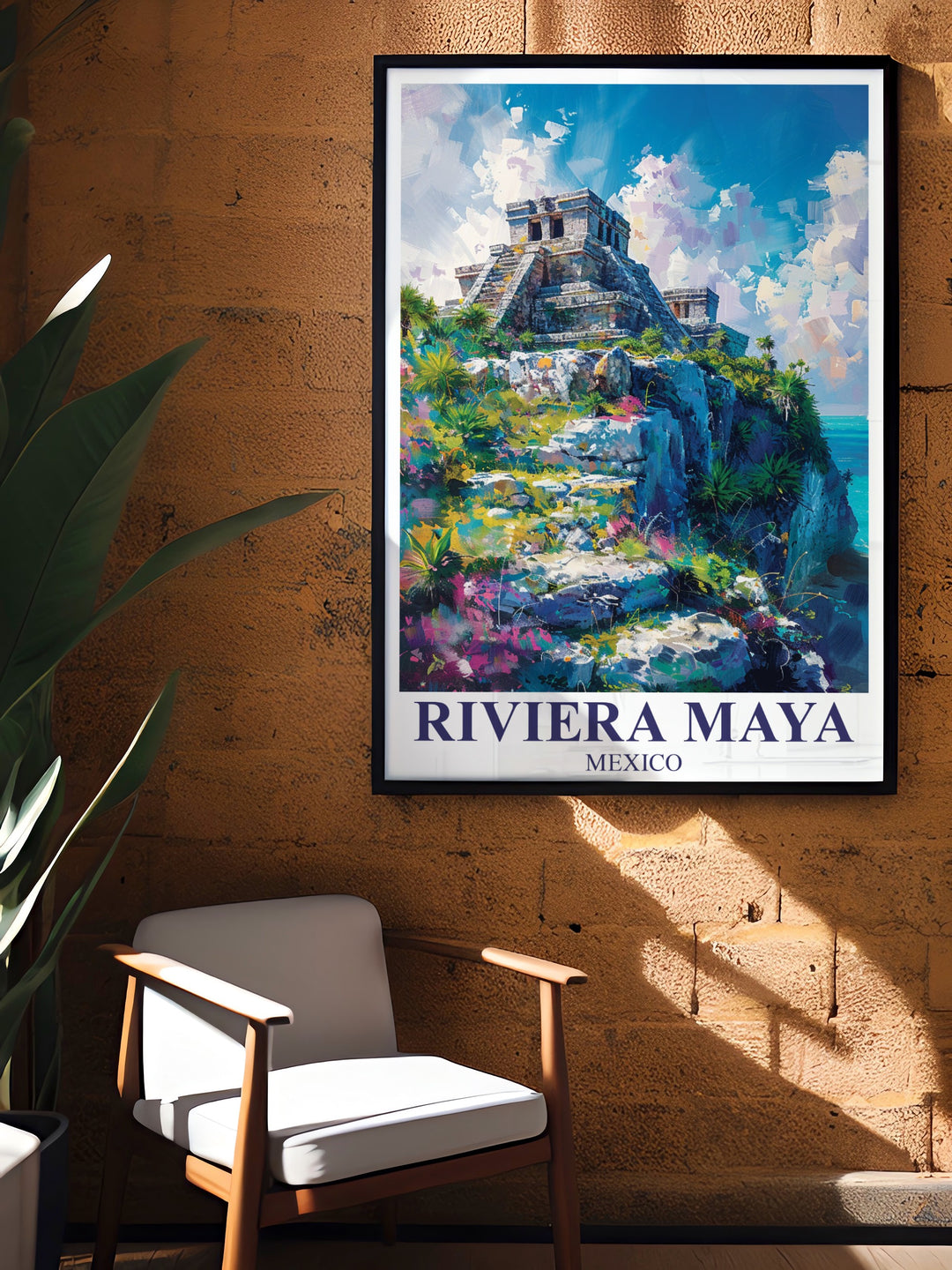 This stunning Riviera Maya print highlights the serene Tulum ruins and their breathtaking location along Mexicos coast. A must have piece for anyone who appreciates tropical art and historical landmarks.