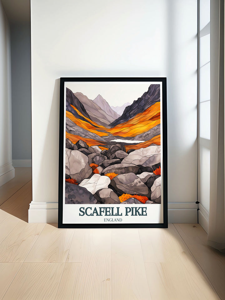 Scafell Pike poster print showcasing the breathtaking beauty of Lake District National Park in England ideal for nature lovers and hikers looking to bring the mountain landscape into their home with elegant wall art and travel prints inspired by the great outdoors.