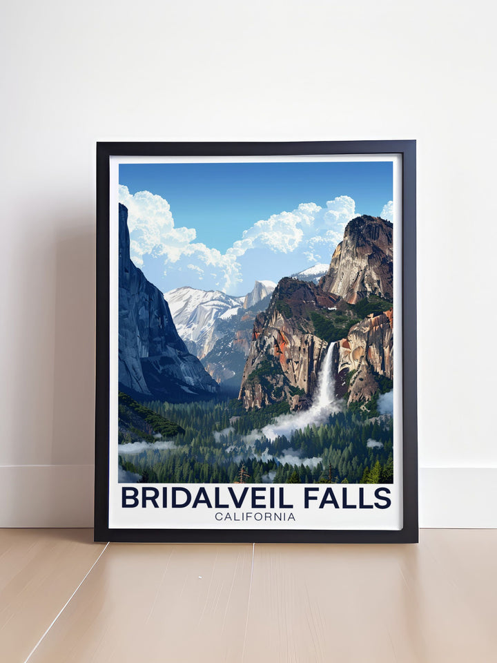 Exquisite View from Tunnelview Bridalveil Falls artwork highlighting the iconic waterfall in Yosemite National Park. Perfect for California decor enthusiasts and nature lovers this California print makes a stunning addition to any room or a thoughtful gift for art lovers.