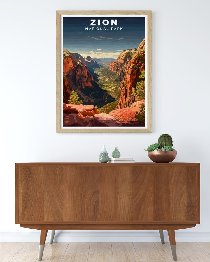 This Zion poster print showcases the breathtaking views of Angels Landing, capturing the parks stunning cliffs and vibrant landscapes. Ideal for nature lovers, this artwork brings the essence of Zion National Park into your home.