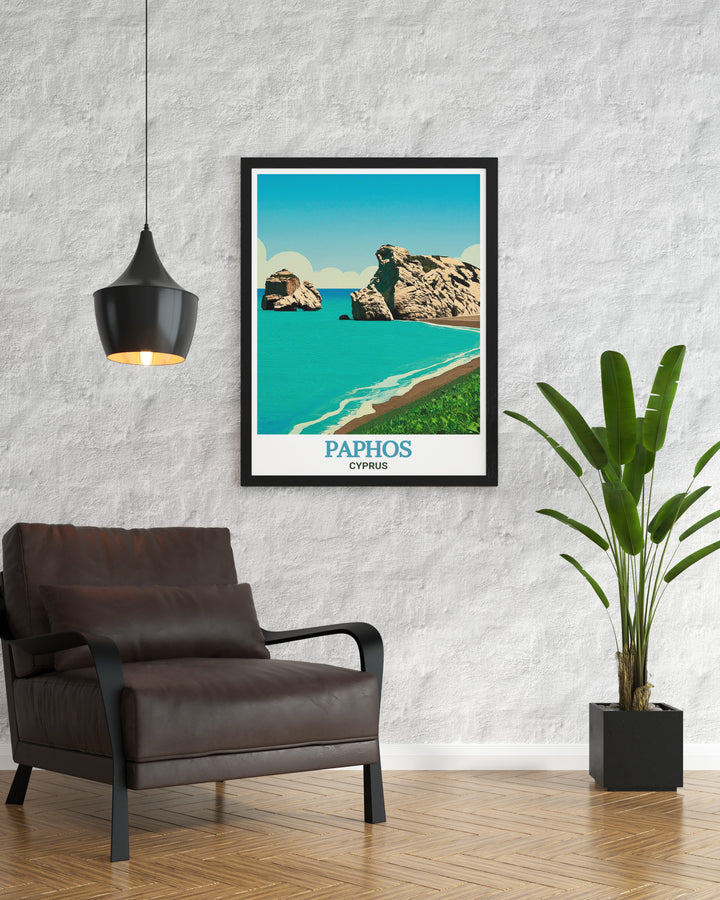 Bring the mythological charm of Cyprus into your home with this travel poster, featuring the iconic landmarks of Paphos and the breathtaking scenery of Aphrodites Rock. The artwork captures the essence of Cyprus, making it a wonderful addition to any Mediterranean themed decor.