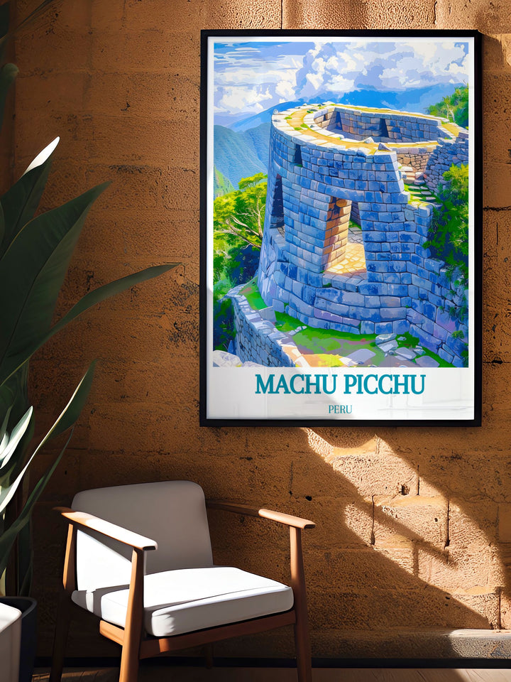 Machu Picchu travel poster with The Temple of the Sun brings a sense of history and adventure to your living space. The minimalist design and modern art style make it an elegant addition to any home decor capturing the beauty and spiritual significance of one of the worlds most iconic landmarks. A thoughtful gift for any special occasion.