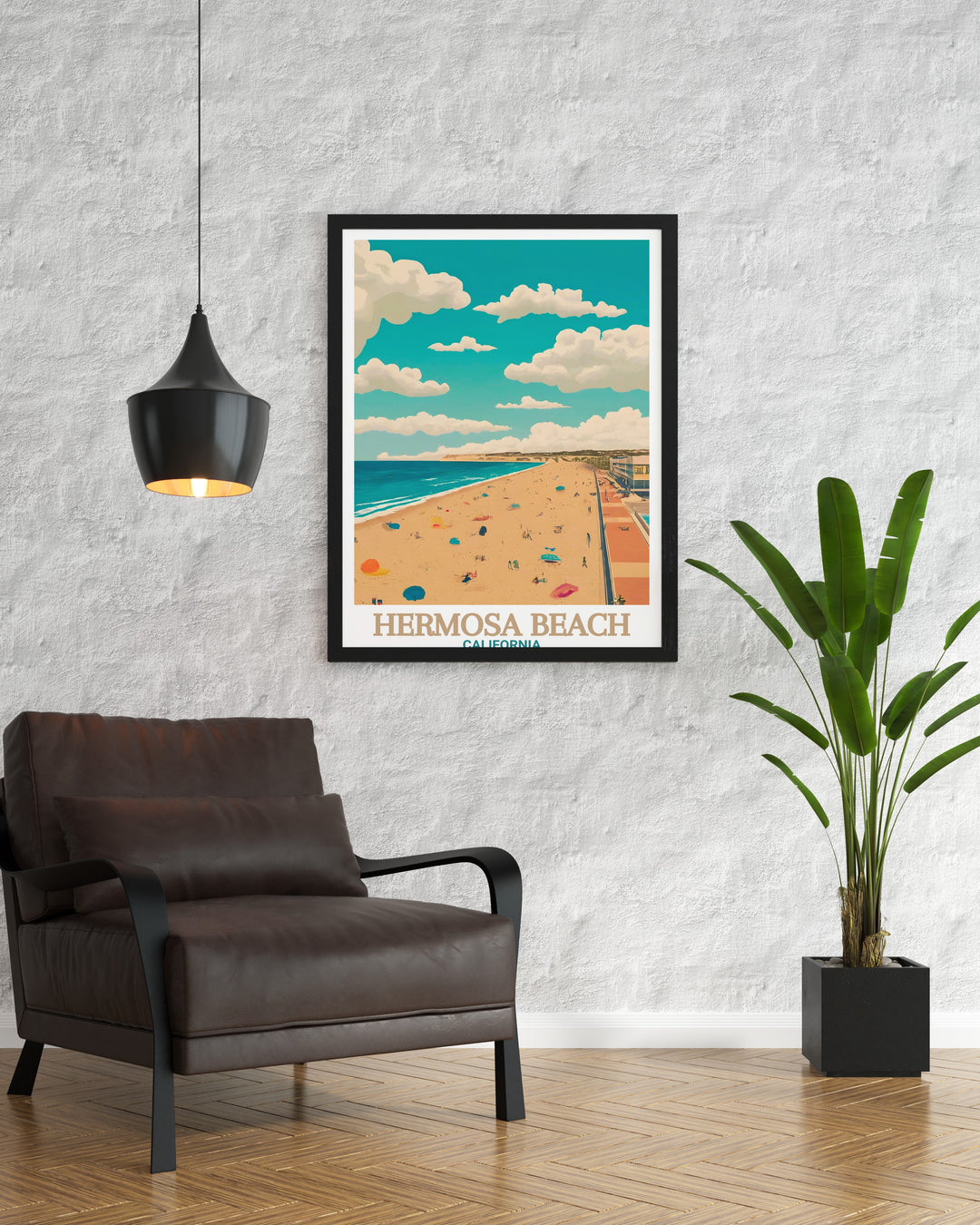 Hermosa Beach captured in a stylish, colorful poster print. This travel art piece features The Strand and the lively beachside atmosphere, making it a great addition to your home or a thoughtful gift for anyone who loves Californias coast.