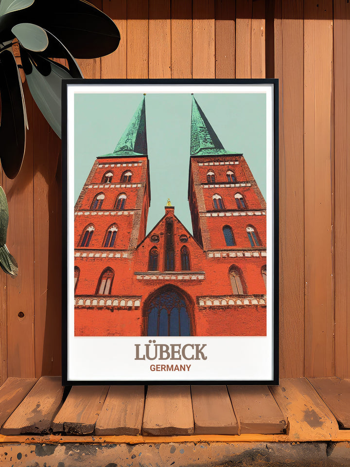 Add a touch of German elegance to your home with this Lubeck art print featuring Marienkirche a perfect choice for Germany wall decor this print brings the historic significance of Lubecks famous landmark into your living space with beautifully crafted digital art