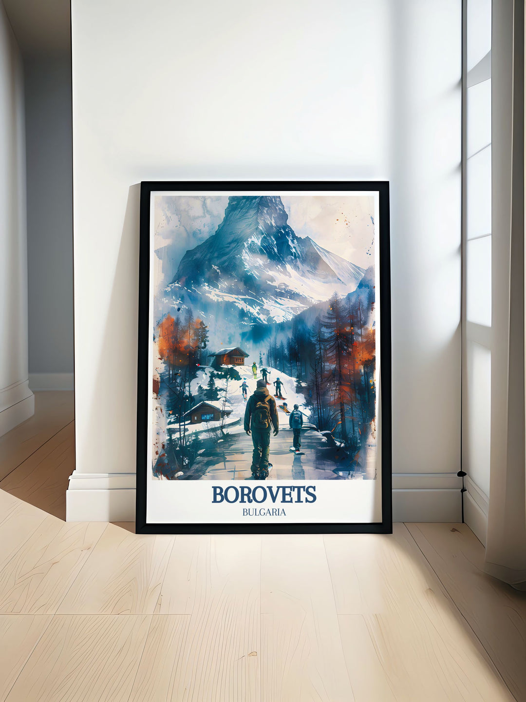 Captivating Borovets travel poster featuring the alpine resort and the scenic Musala Pathway, perfect for adding Bulgarias natural charm and skiing culture to your decor.