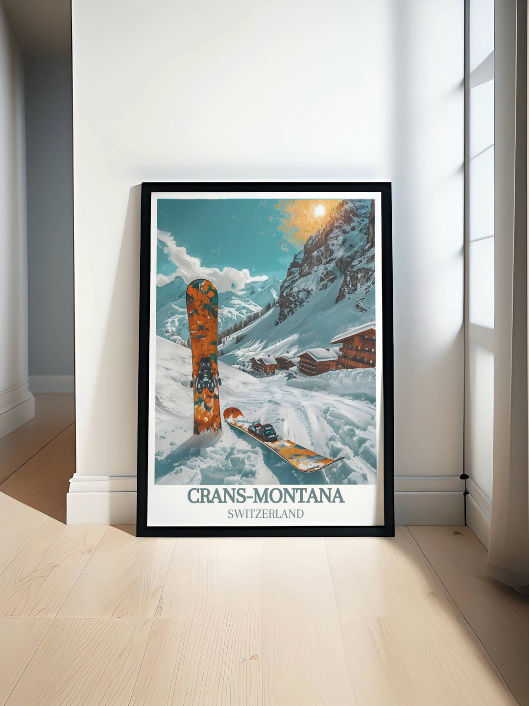 Experience the thrill of Crans Montana Ski Resort with this Swiss Alps Poster perfect for skiing and snowboarding enthusiasts featuring stunning mountain landscapes