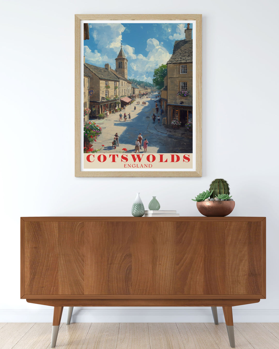 This poster showcases the enchanting landscapes of the Cotswolds and the charming architecture of Stow on the Wold Market Square, adding a unique touch of Englands historical and natural beauty to your living space.