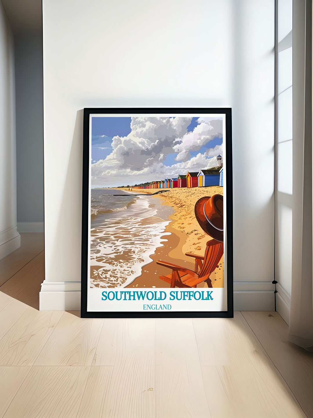 Celebrate the picturesque scenery of Southwold Beach with this detailed art print, showcasing the serene ambiance and the colorful beach huts.