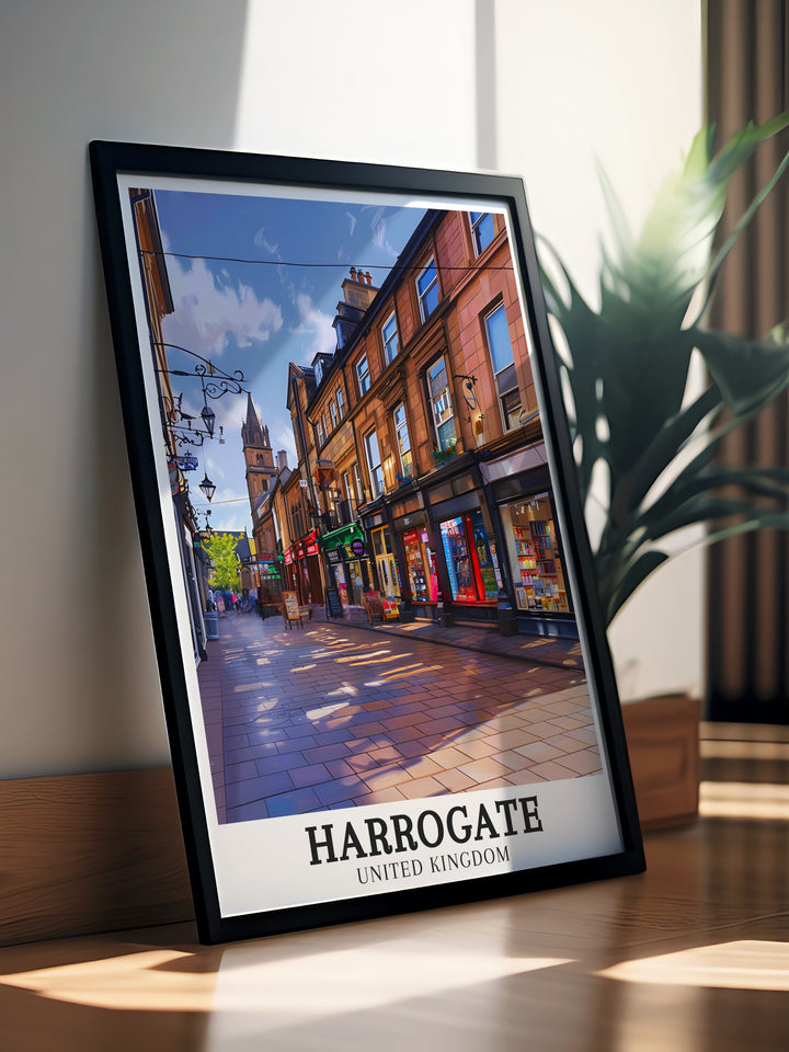 Yorkshire Print highlighting the charm of Parliament Street and Montpellier Quarter. Ideal for adding Yorkshire Decor to your home. This Harrogate Art captures the beauty of the towns historic streets and is perfect for any living room or office.