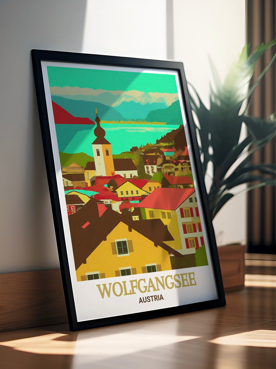 Austrian travel poster featuring Wolfgangsee and St. Gilgen. This vibrant print captures the essence of Austrias picturesque landscapes, making it an ideal piece for anyone looking to add a touch of natural beauty to their wall decor.