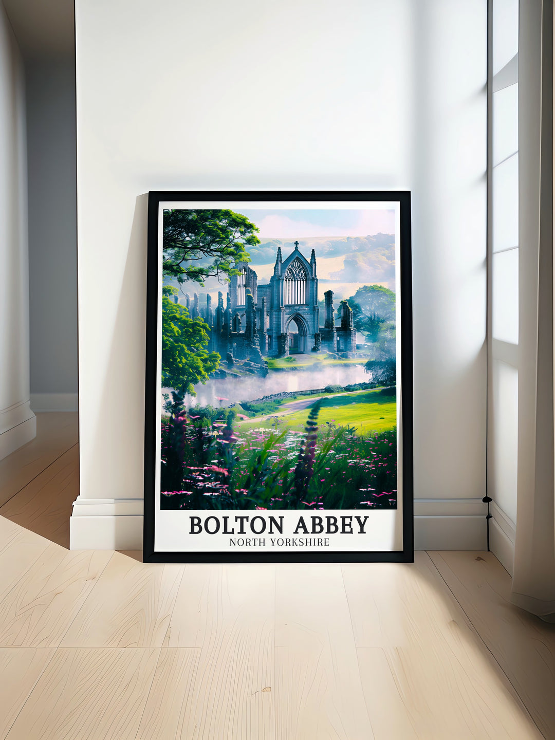 Discover the serene landscapes of Yorkshire with this River Wharfe art print, featuring the historic Bolton Abbey. The detailed artwork brings together the natural beauty and rich history of England, making it a stunning addition to any room