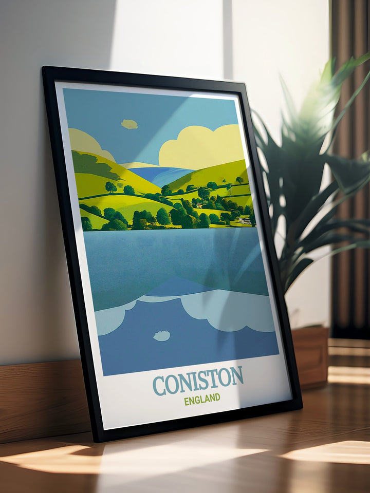 Framed art of Coniston Water in the Lake District, offering a detailed and serene view of one of Englands most famous lakes, ideal for bringing the tranquility of nature into your home.