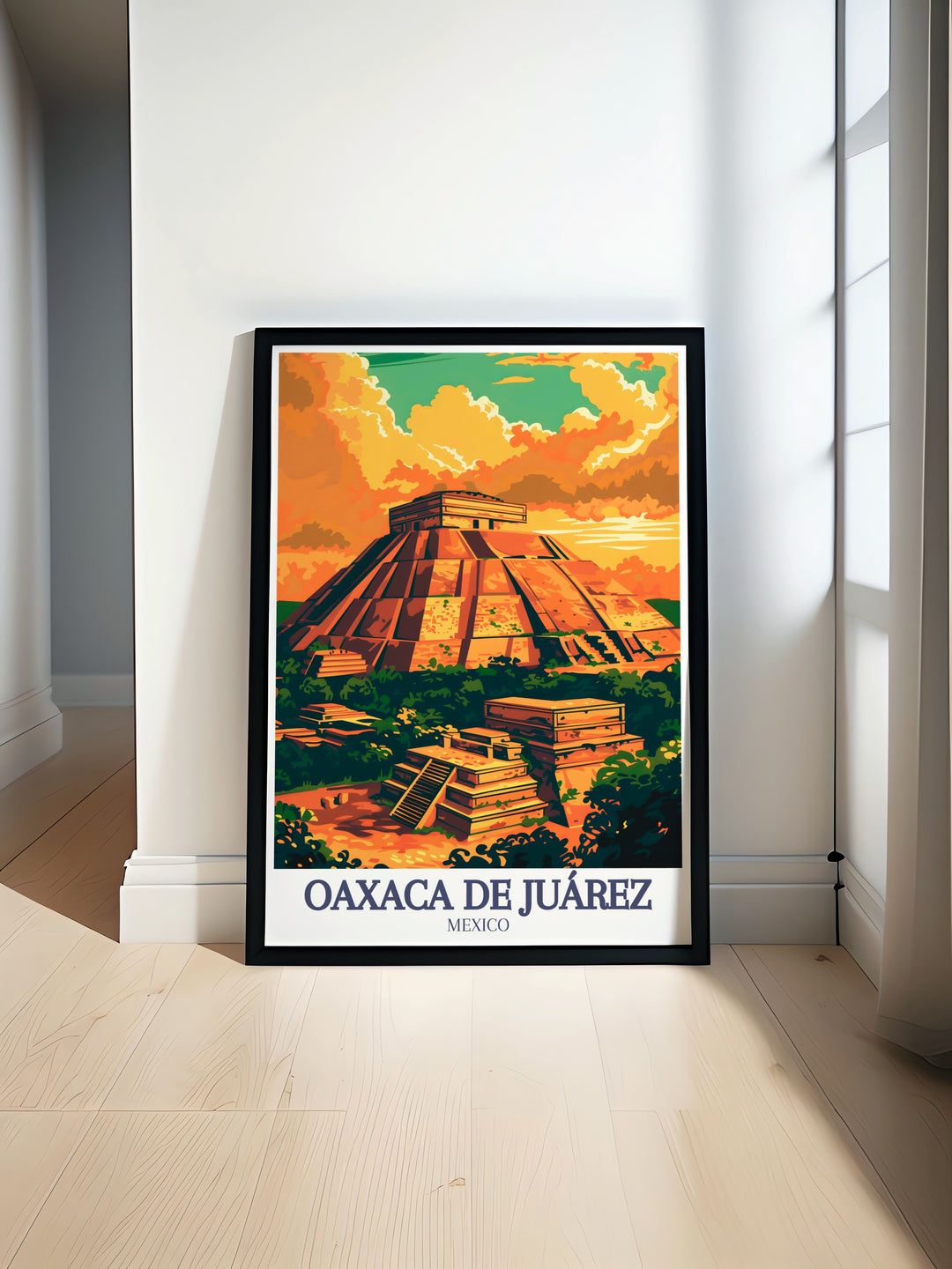 Blending history with modernity, this Mexico travel print showcases Monte Albáns ancient ruins alongside the dynamic cityscape of Oaxaca de Juárez. A must have for those who appreciate Mexican culture and heritage.