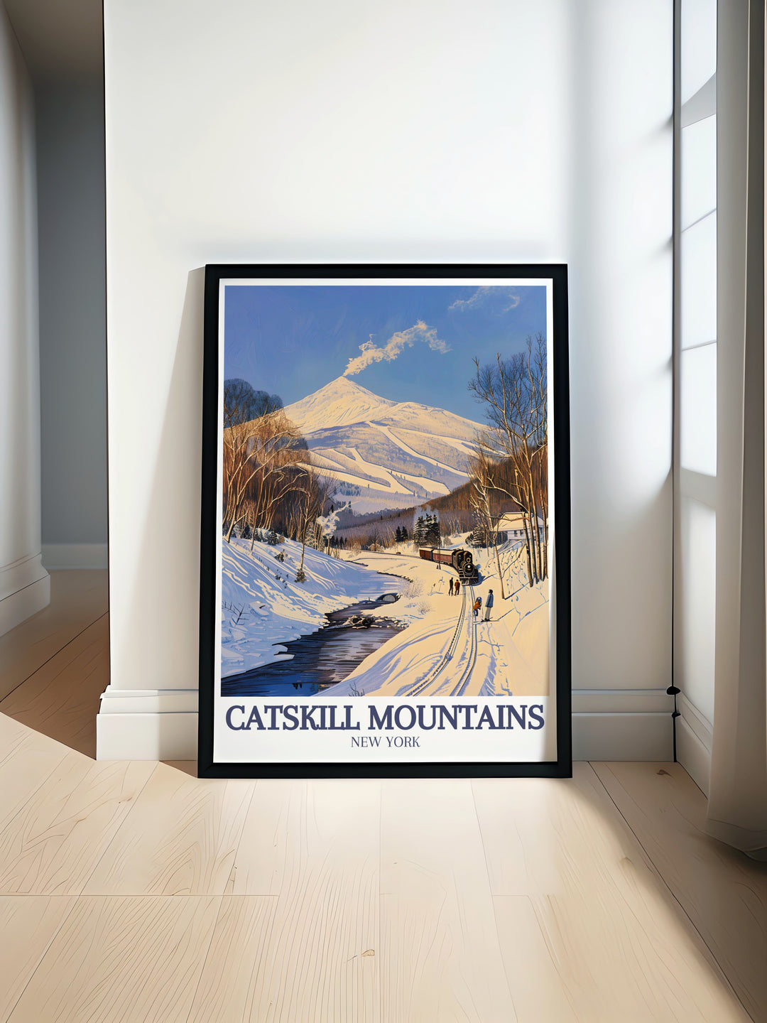 Hunter Mountain and Catskill Mountain Railroad modern prints showcase the beauty of New York State. This Catskill Mountains travel poster is ideal for adding elegant home decor to your living space, perfect for lovers of travel and nature.