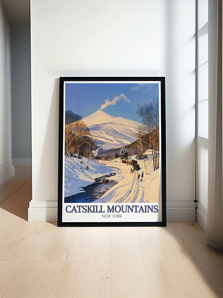 Hunter Mountain and Catskill Mountain Railroad modern prints showcase the beauty of New York State. This Catskill Mountains travel poster is ideal for adding elegant home decor to your living space, perfect for lovers of travel and nature.