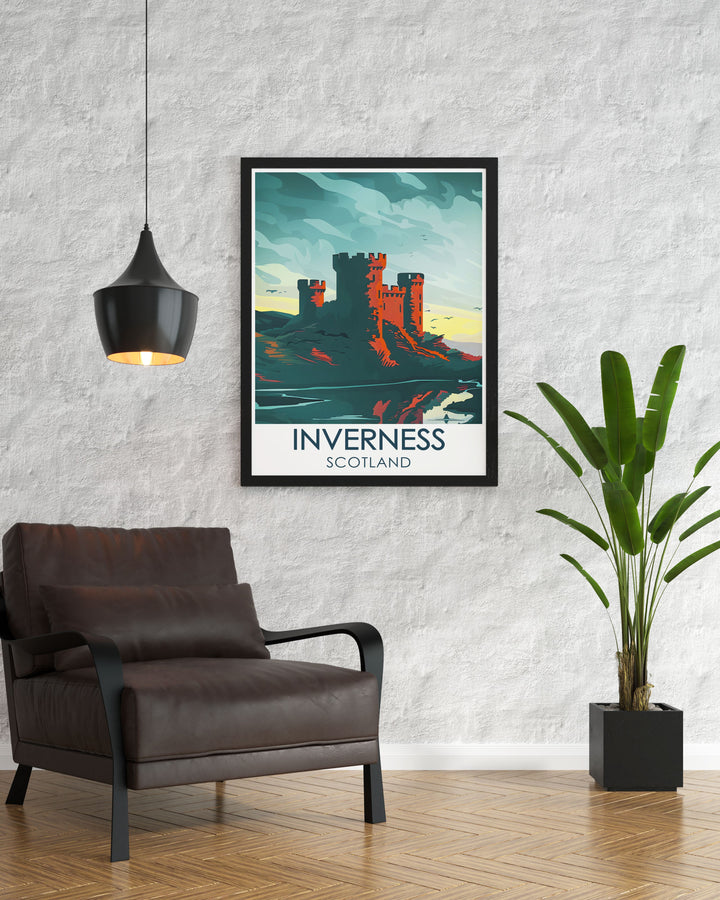 Gallery wall art of Inverness Castle, capturing the majestic structure in detail, set amidst Scotlands stunning natural scenery, with clear blue skies and rolling hills in the background.