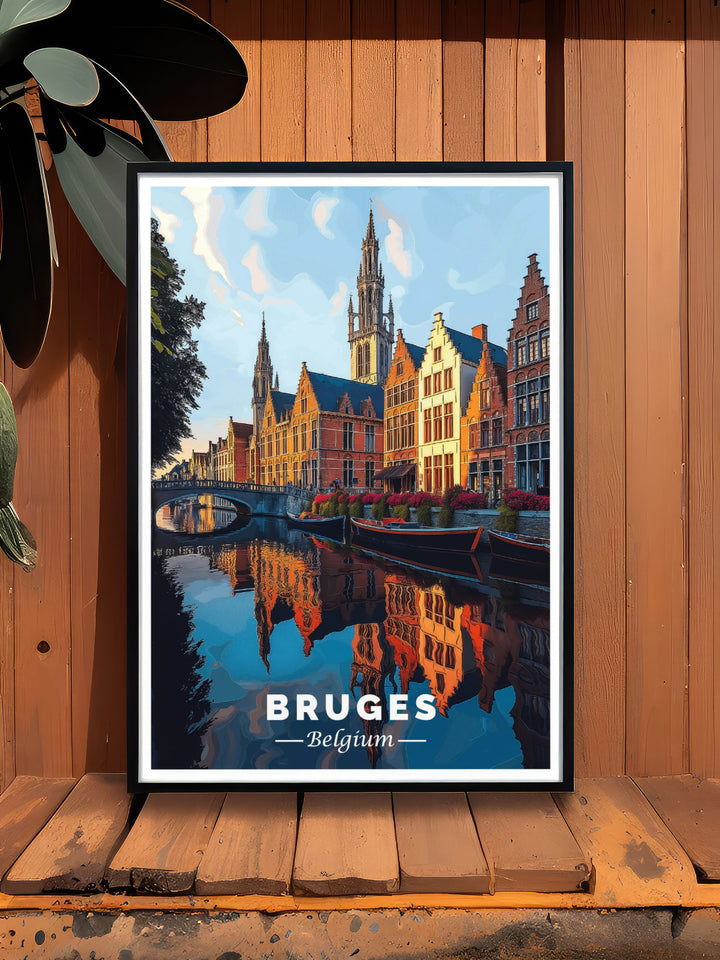 Captivating canal scene travel print depicting the tranquil waterways of Bruges Belgium. This artwork beautifully captures the historic charm and peaceful ambiance of Bruges making it a wonderful addition to any art collection or home decor.
