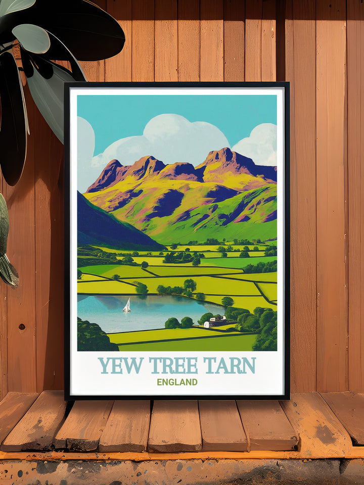 Lake District travel poster of Yew Tree Tarn and Langdale Pikes, capturing the scenic charm and peaceful ambiance. This print is perfect for decorating your home with a piece of Englands natural heritage.