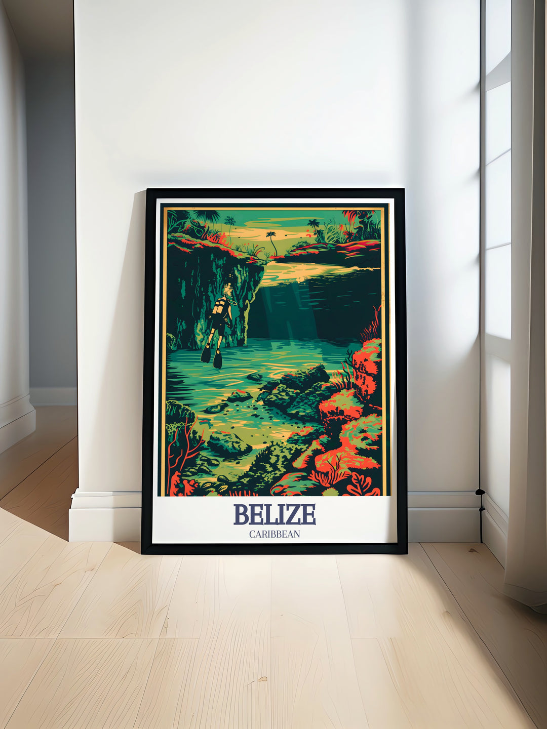 Blue Hole Belize Barrier Reef travel poster featuring vibrant blue waters and stunning marine life perfect for Caribbean decor and gifts bringing tropical charm to any space with high quality prints and fade resistant inks