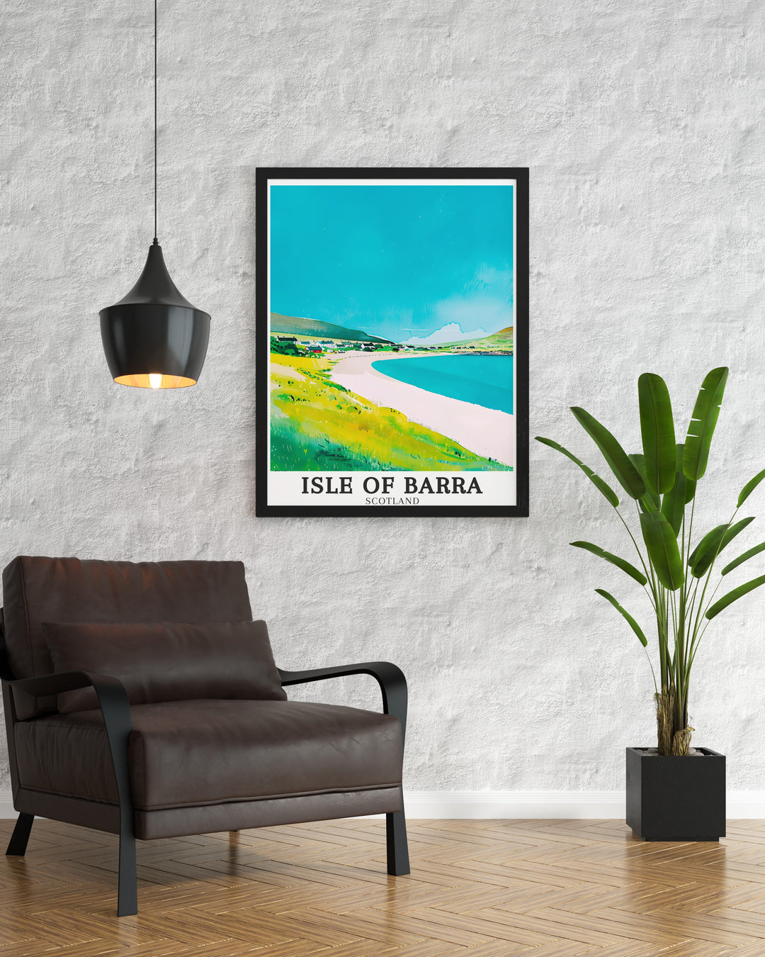 Featuring the iconic Traigh Mhor Beach on the Isle of Barra, this travel print is a tribute to Scotlands rugged and untouched beauty. Perfect for beach enthusiasts and nature lovers, this wall art captures the tranquil vibe of Scotlands coastal landscapes, bringing a sense of calm to any room.