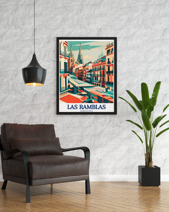 La Boqueria canvas art that brings the colorful food stalls and lively energy of Barcelonas iconic market into your home. This detailed art print captures the essence of Spanish food culture, making it the perfect piece of decor for your kitchen or dining area, or as a unique Spain travel gift.