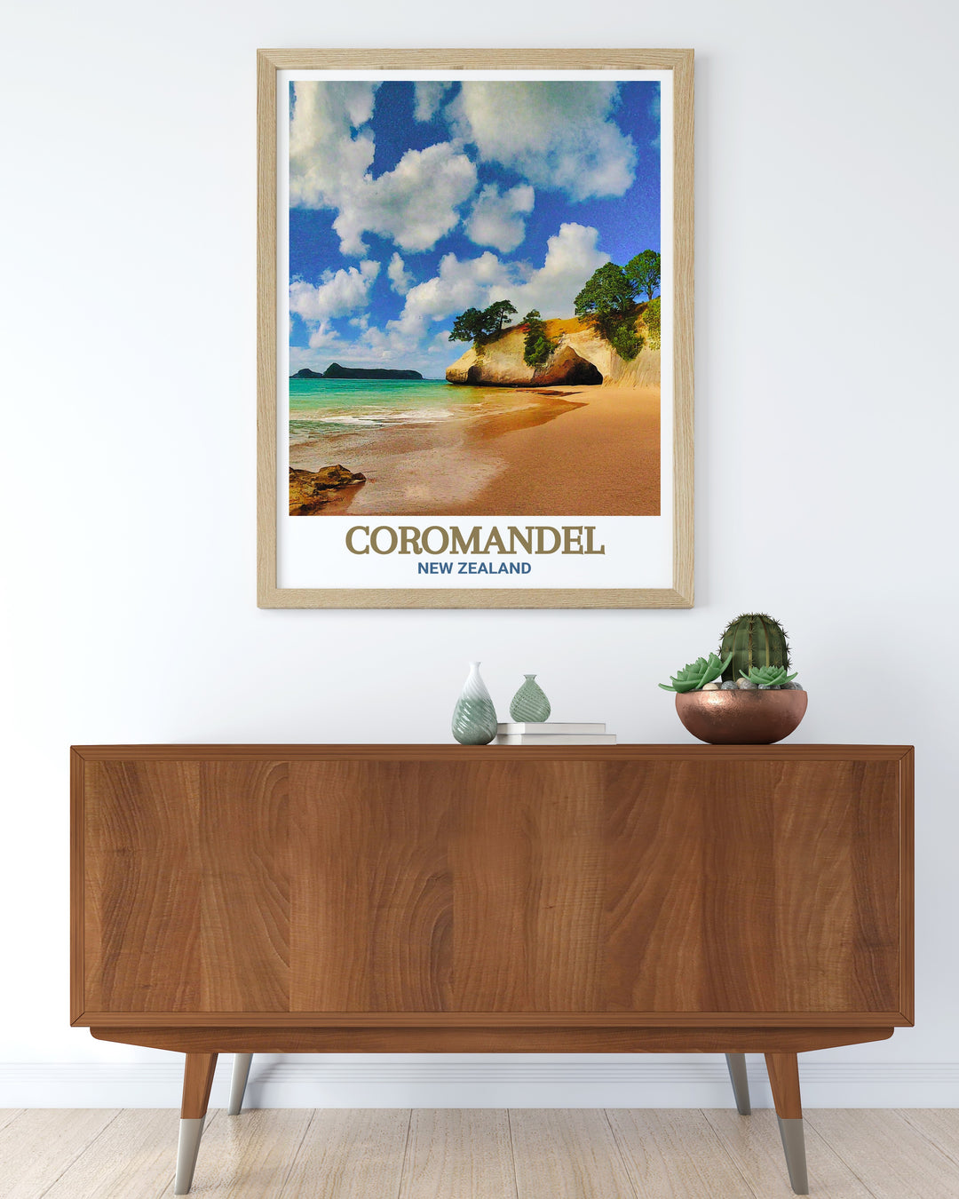 Wall art of Cathedral Cove, capturing the majestic cliffs, azure ocean, and peaceful atmosphere of this iconic New Zealand location, making it a stunning centerpiece for any room in your home, exclusively from MapYourDreams.