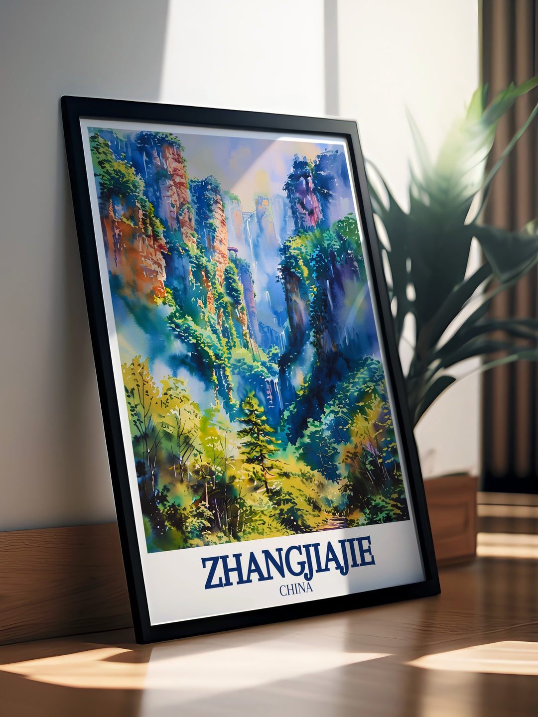 This detailed art print showcases Tianzi Mountain in Zhangjiajie National Forest Park, China. With its soaring peaks and misty valleys, this travel poster brings the majestic beauty of Chinas natural wonders to life. Ideal for anyone seeking scenic decor that evokes tranquility and adventure.