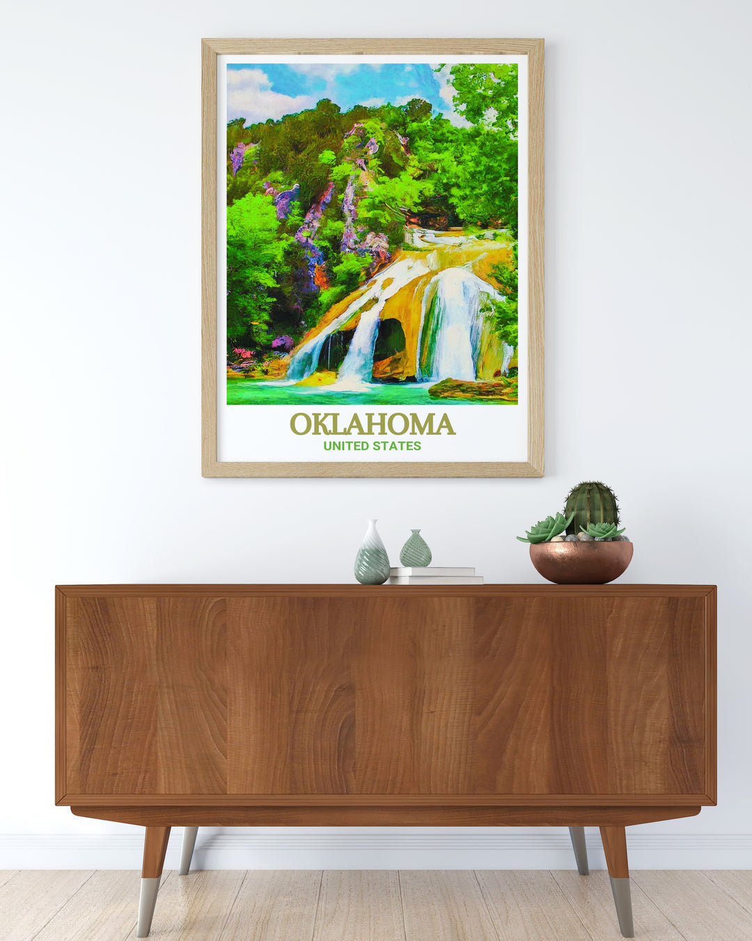 Oklahoma travel print showcasing Turner Falls Park and a detailed street map. This fine line art print adds sophistication to any home or office decor. A stylish gift for anyone who appreciates Oklahomas natural landscapes and urban charm.