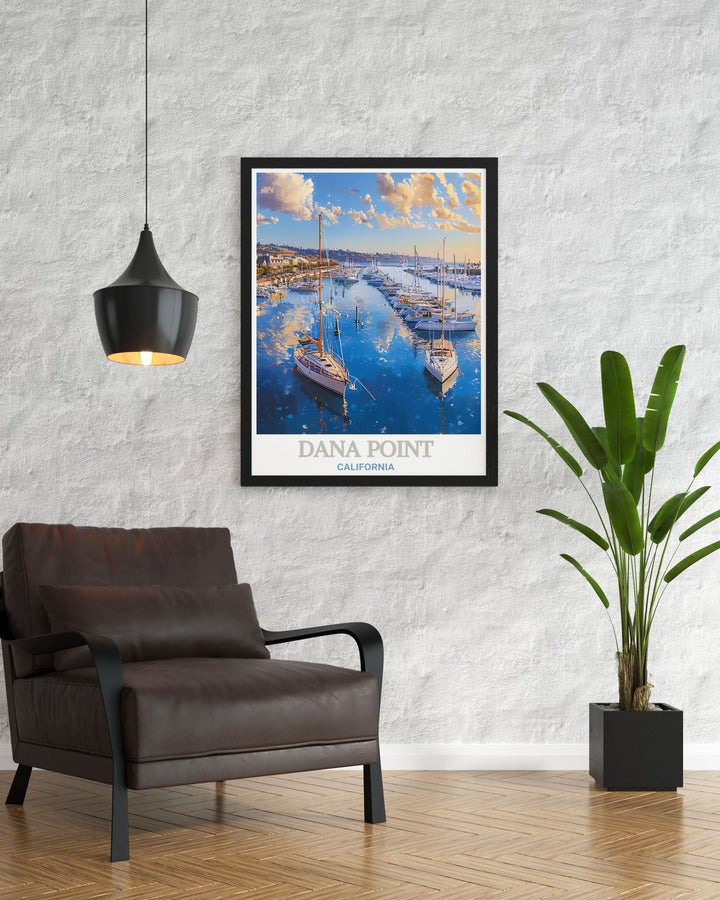 Discover the beauty of Dana Point Harbor with this stunning California travel poster. Perfect for gifting or decorating your space this artwork showcases the breathtaking scenery of one of Californias hidden gems.