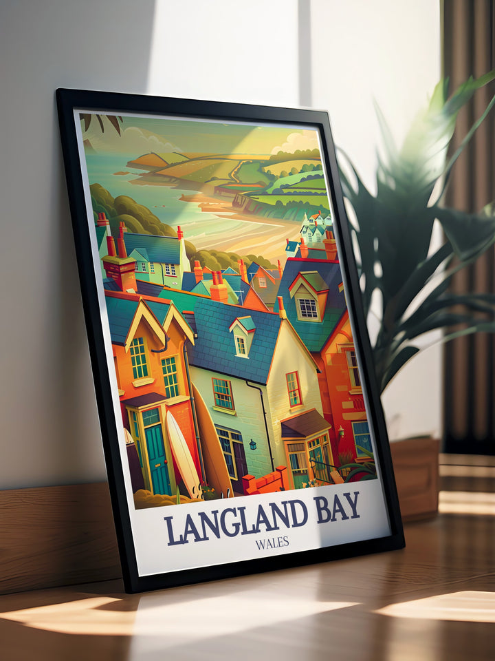 Langland Bay Poster Print beautifully captures the serene coastal views of this famous seaside location in Wales. With its iconic beach huts, rolling waves, and lush landscapes, this artwork brings the charm of Langland Bay and the nearby Gower Coast Path into any space.