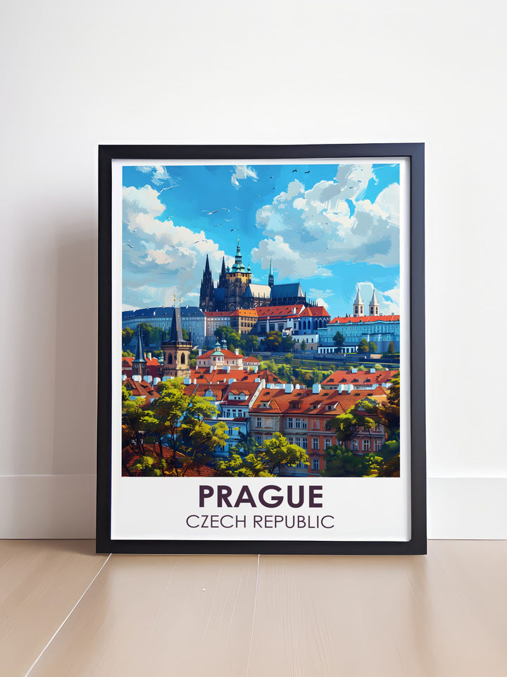 Prague Illustration showcasing the iconic cityscape of the Czech Republics capital. This Prague Wall Art is perfect for adding a touch of European charm to your home decor. Ideal for those who appreciate fine art and travel.