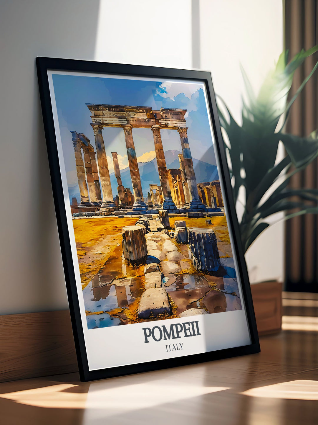 A stunning Pompeii wall decor featuring Temple of Apollo Doric Columns and Mount Vesuvius an ideal Italy travel gift for art and history lovers.