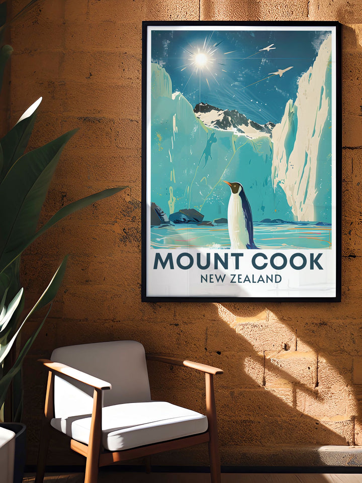 Unique Tasman Glacier wall art that features the stunning beauty of New Zealand perfect for enhancing your home decor with a touch of the natural world and ideal for those who appreciate vintage travel posters and national park artwork