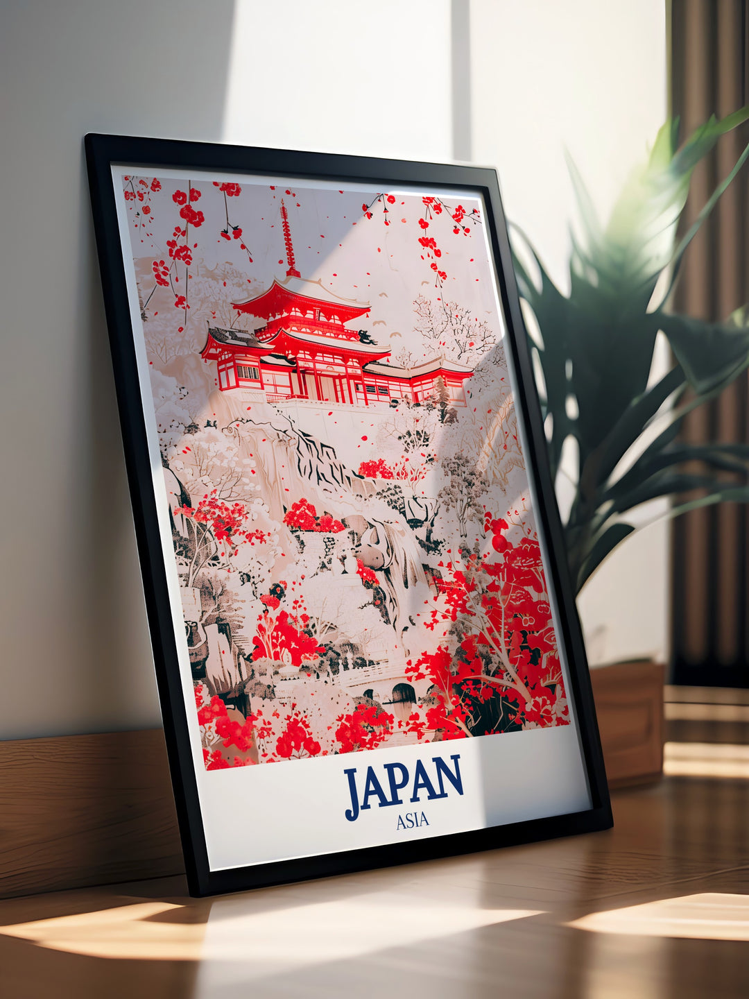 Kiyomizu dera Temple poster print capturing the iconic temple nestled in the lush forests of Kyoto. This Japan travel print highlights the cultural significance of the historic temple and its breathtaking surroundings. Perfect for lovers of Japanese architecture, this artwork brings the beauty of Kyoto into your home.