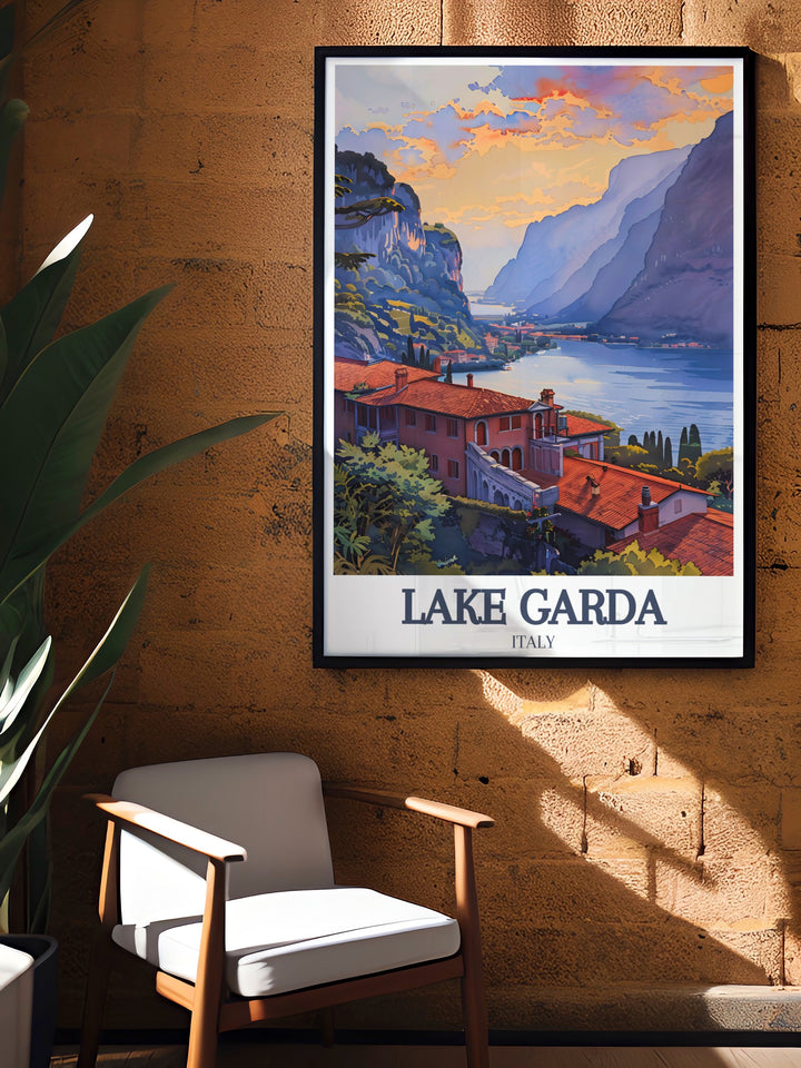 Bring Italy into your home with this Lake Garda art print featuring Isola del Garda and Garda town perfect for Italy wall art and Italy decor. A beautiful travel poster for gifts for mom dad sister or anyone who loves travel and art.