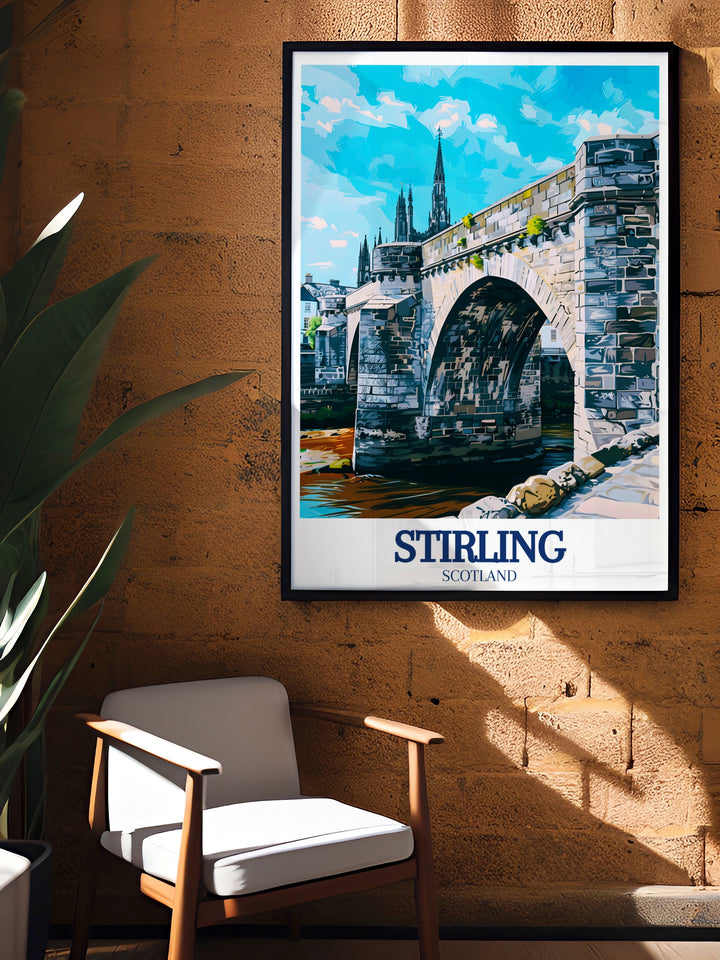 The travel poster of Stirling highlights the majesty of Stirling Castle, the history of Stirling Bridge, and the scenic beauty of Abbey Craig. With its detailed illustration and vibrant colors, this artwork is an excellent addition to any home decor or a perfect gift for Scotland enthusiasts.