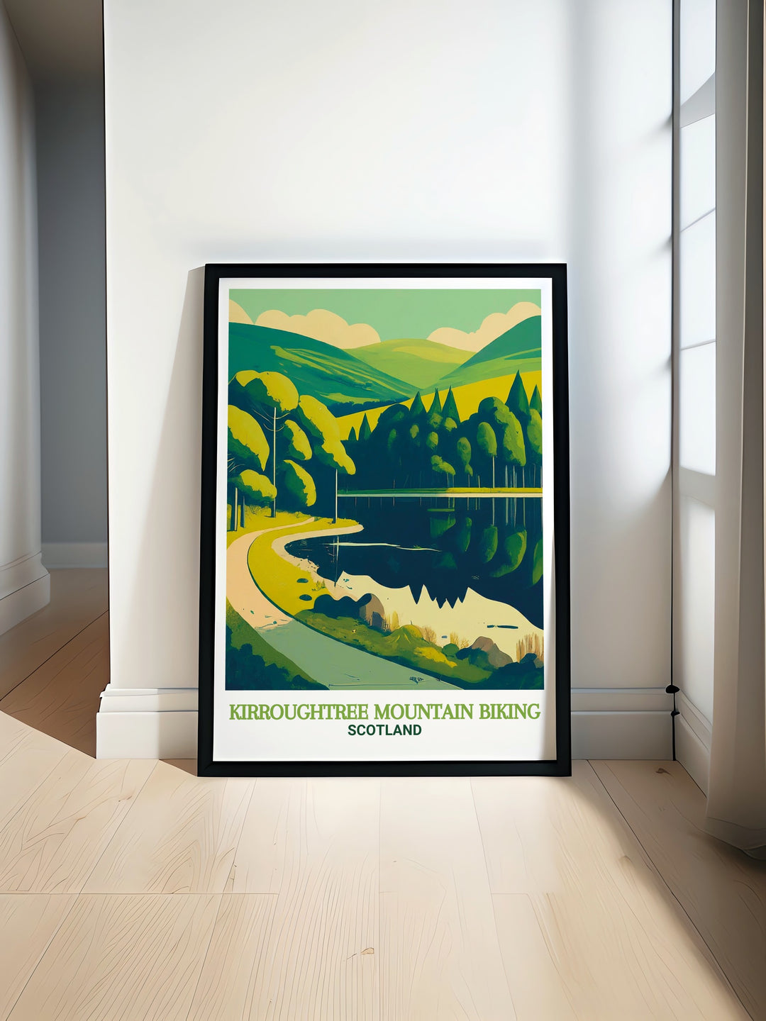 Kirroughtree and Bruntis Loch wall poster featuring the best of Galloways MTB trails and its stunning natural scenery. This travel print is designed for cyclists and nature lovers who want to showcase their love for adventure in a high quality, artistic format.