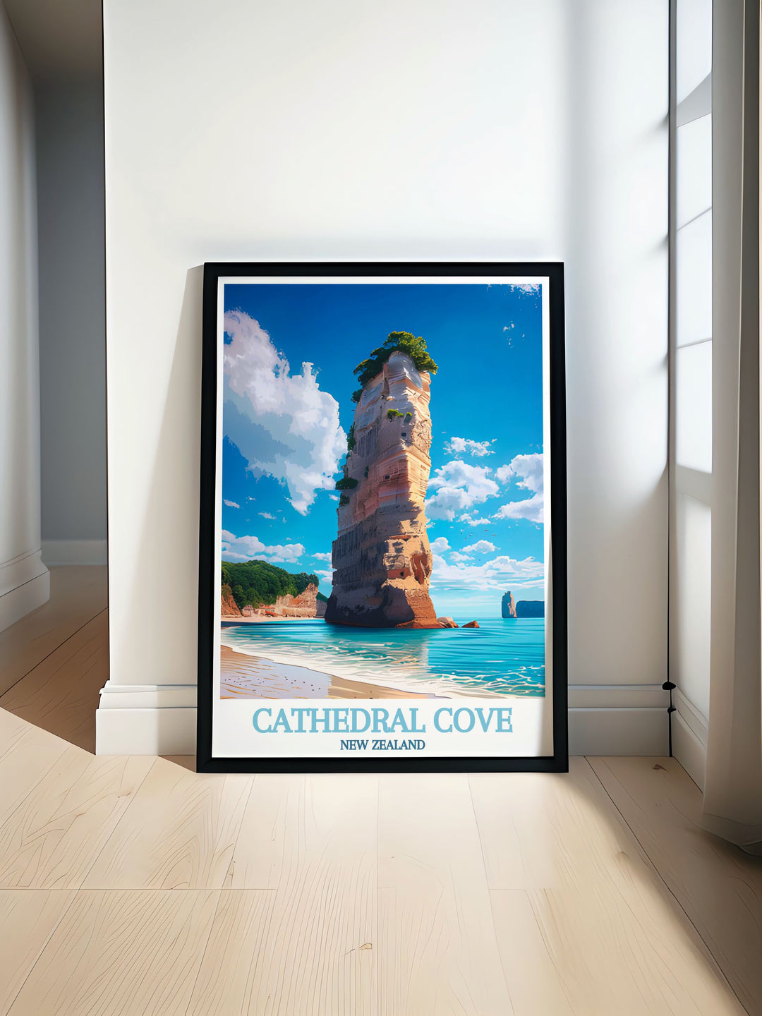 The natural beauty of Cathedral Cove is enhanced by its surrounding cliffs and lush greenery, creating a tranquil and enchanting atmosphere.
