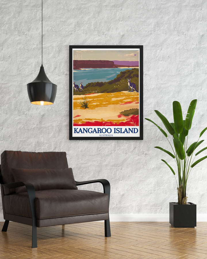 This stunning Kangaroo Island poster print features the beauty of Flinders Chase National Park and the iconic Remarkable Rocks, perfect for bringing a touch of Australias wilderness into your home or office décor.