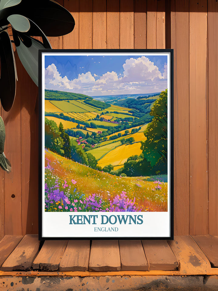 Serene Kent Downs Area of Outstanding Natural Beauty AONB poster capturing the tranquility of rolling hills and lush meadows. Ideal for adding a touch of peace and elegance to living rooms bedrooms or offices.