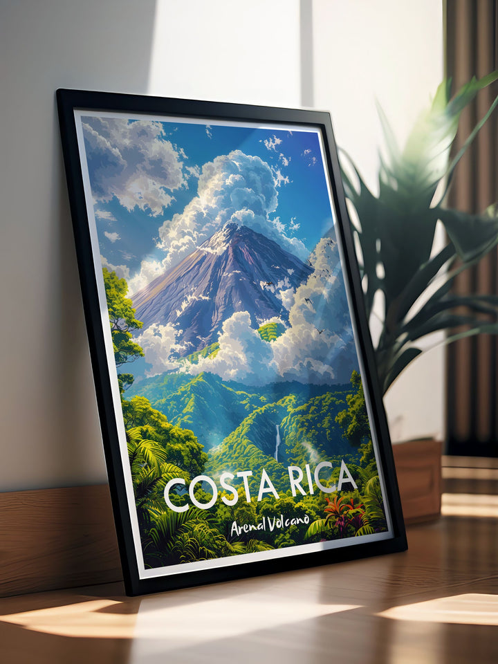 Capture the essence of Costa Ricas Arenal Volcano with this beautifully crafted travel poster. Highlighting the serene hot springs and the towering volcano, this artwork is perfect for anyone who loves natural beauty and tropical landscapes. A wonderful addition to any home, bringing a piece of Costa Rican wonder into your space.