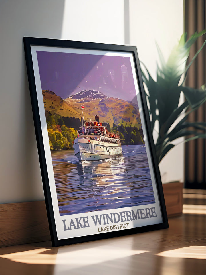 Windermere Lake Cruise Vintage Poster showcases the timeless charm of Lake Windermere, with its tranquil waters and picturesque hills. This travel print is ideal for those who love nature and adventure, bringing a scenic landscape into any home decor.