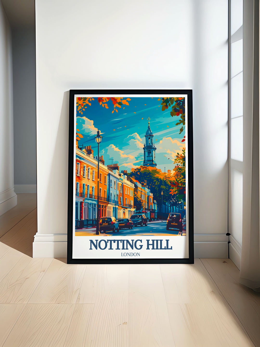 Notting Hill Gate Village and St. Peters Church poster features vibrant colors of Portobello Road and its famous market perfect for home decor or as a gift capturing the charm and elegance of this iconic West London neighborhood in a timeless print