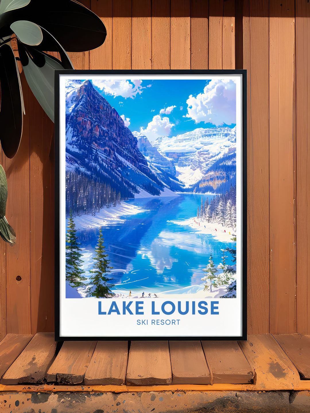 An illustration of Lake Louise in winter, with its serene turquoise waters and snow covered surroundings, perfect for adding a touch of Canadian wilderness to your decor.