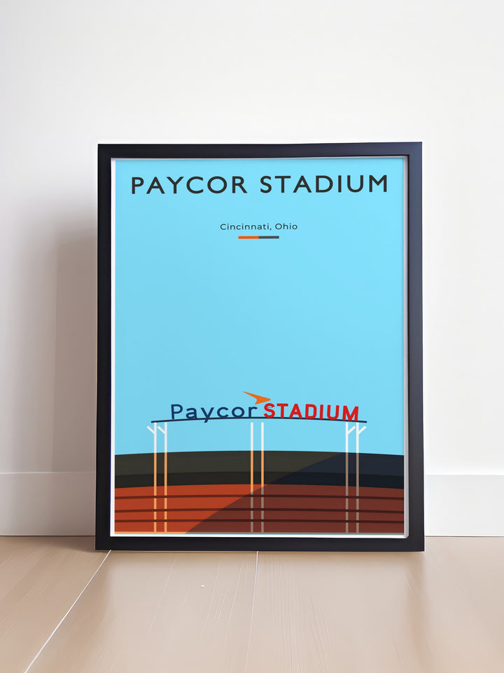 Bengals wall art featuring Paycor Stadium Joe Burrow and Joe Mixon a unique vintage NFL print ideal as a birthday gift or football fan gift for anyone who loves the Cincinnati Bengals and wants a bold artwork piece to showcase in their living space