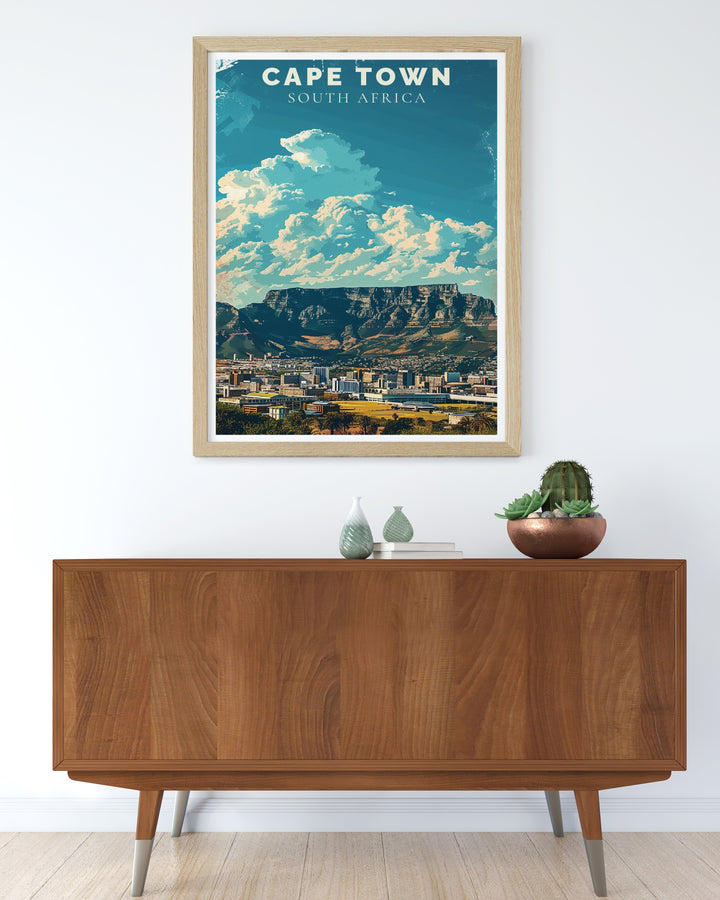 Table Mountain modern decor art piece featuring Cape Towns striking landscape. This national park poster is a great addition to any room and serves as a reminder of the breathtaking beauty of South Africa. Perfect for home or office wall decor.