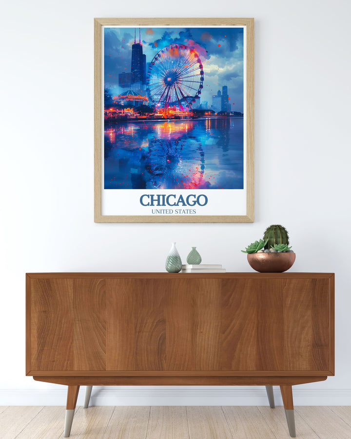 Experience the magic of Chicago with this stunning travel poster. Highlighting the architectural beauty and cultural significance of Navy Pier and the Centennial Wheel, this poster is ideal for those who love urban charm and modern elegance. Add a touch of Chicagos allure to your home decor.