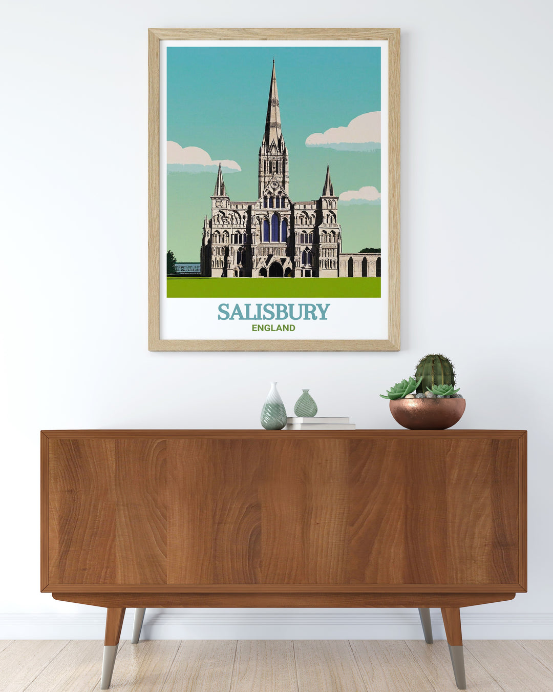 Detailed travel print featuring Salisbury Cathedral, one of Englands most renowned Gothic structures, with its towering spire and beautiful surroundings. Ideal for history enthusiasts and lovers of English architecture.